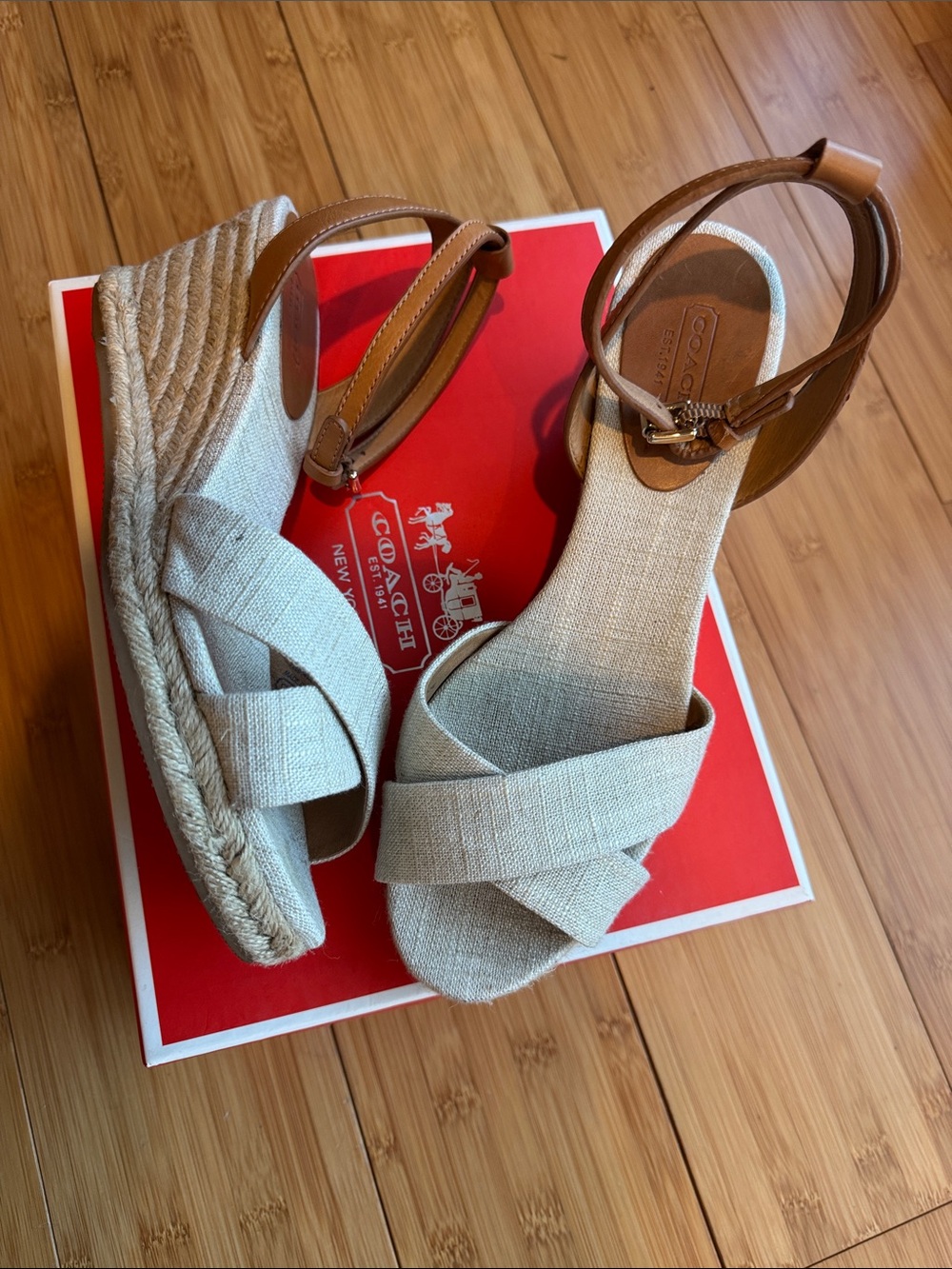 Coach Neutral Linen Espadrille Wedges with Brown Leather Ankle Straps